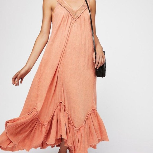 Free People Dresses & Skirts - Free People Cotton Dreams of Bali Oversize tank Pink Ruffle Maxi Dress Size XS